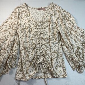 Willow & Root Floral Ruched Top Womens M Neutral Boho Cottagecore Blouse